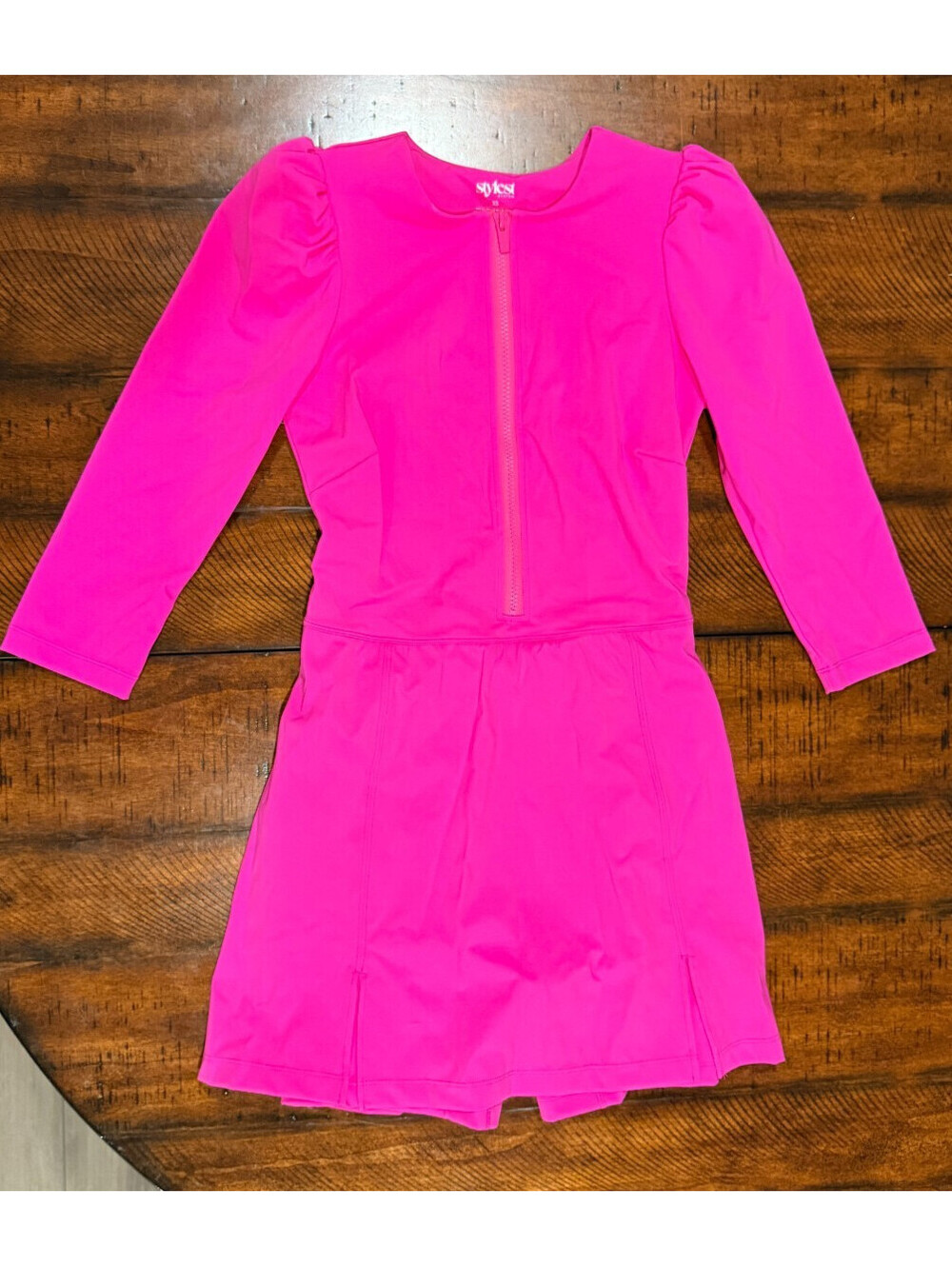 Stylest System Puff Sleeve Zip Front One Piece Romper Dress - Ultra Pink XS